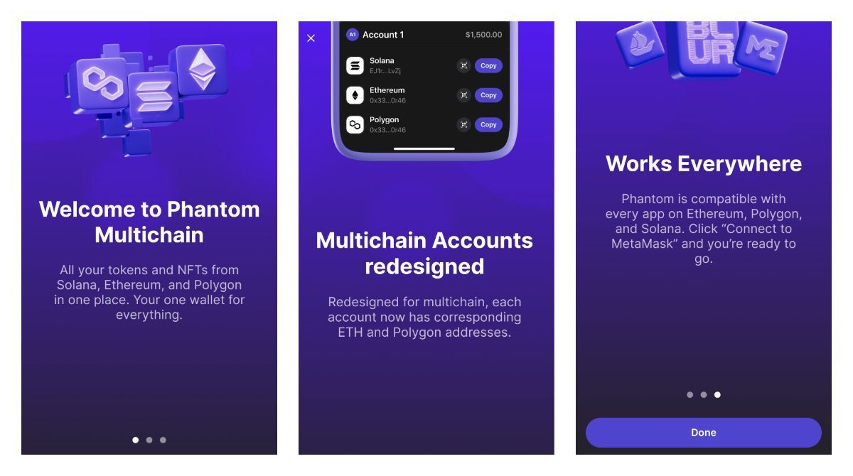 Phantom beta multi-chain wallet onboarding screens on Android