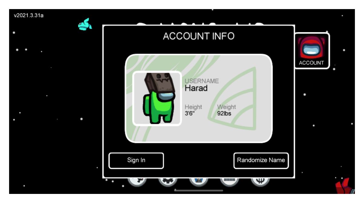 Account menu in Among Us for Android