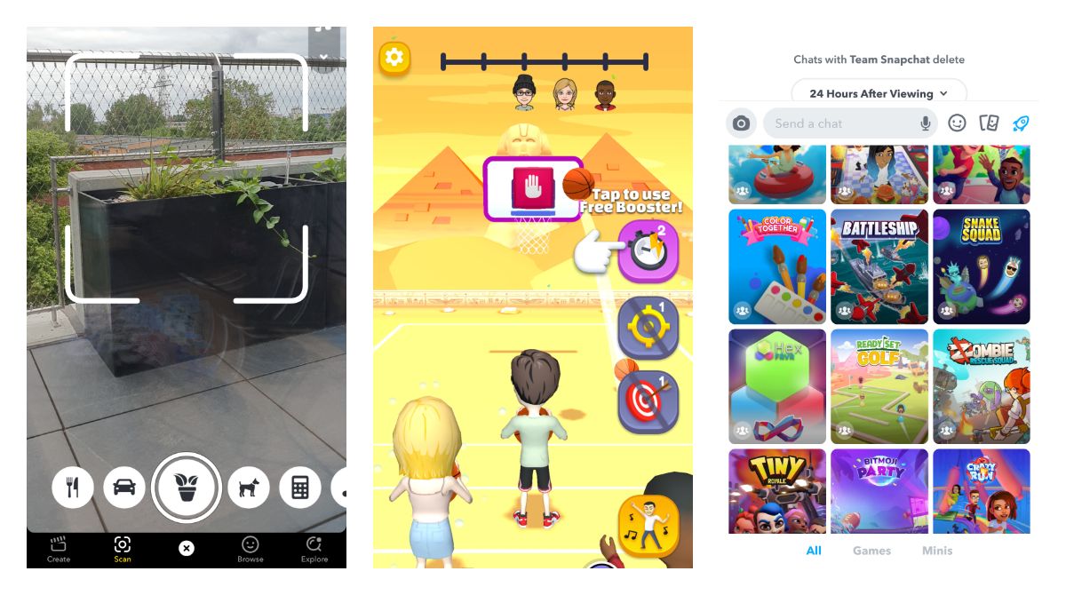 Lenses scan, Games and Minis on Snapchat