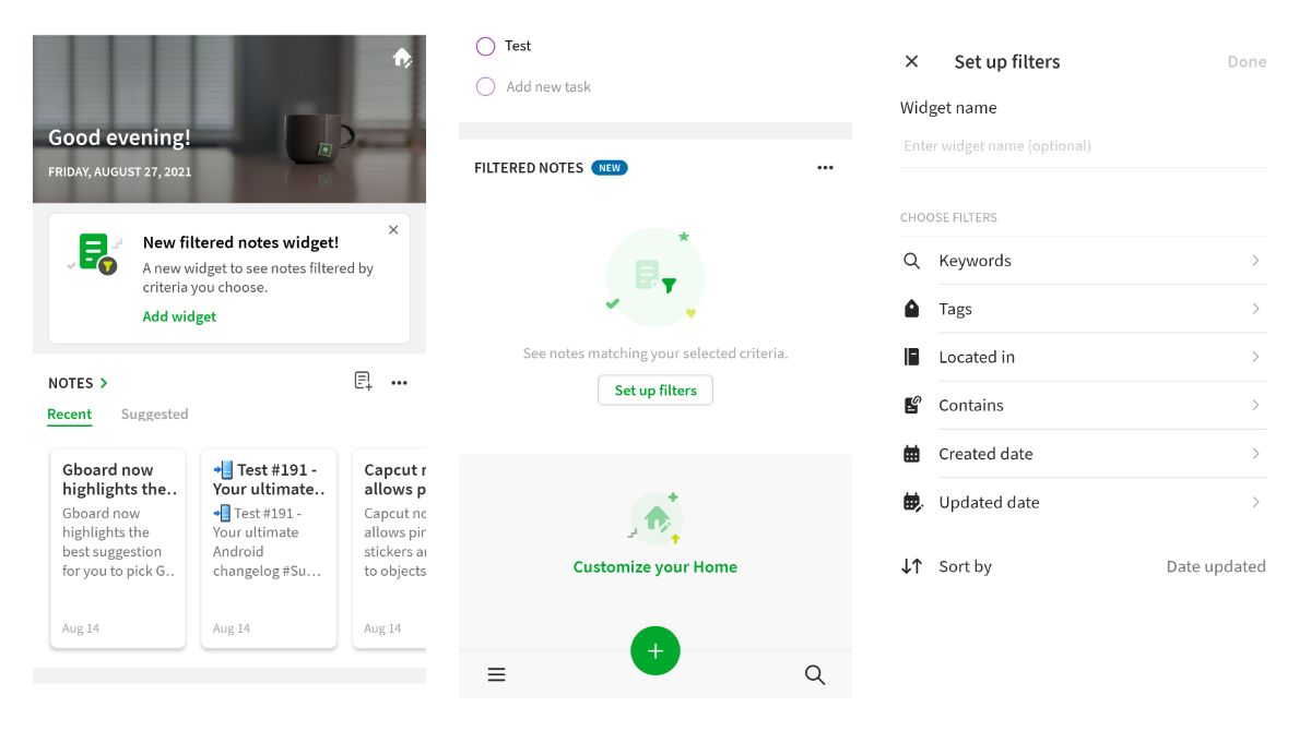Evernote now allows you to add a filtered notes widget to the inapp