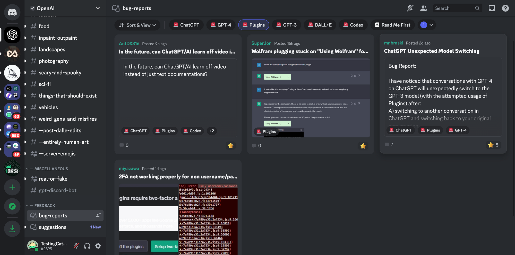 Grid filtered view of existing bug reports for ChatGPT plugins Alpha