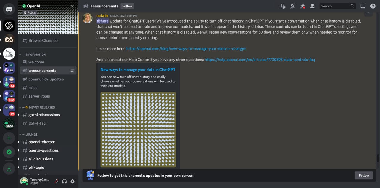OpenAI Discord server for ChatGPT bug reporting