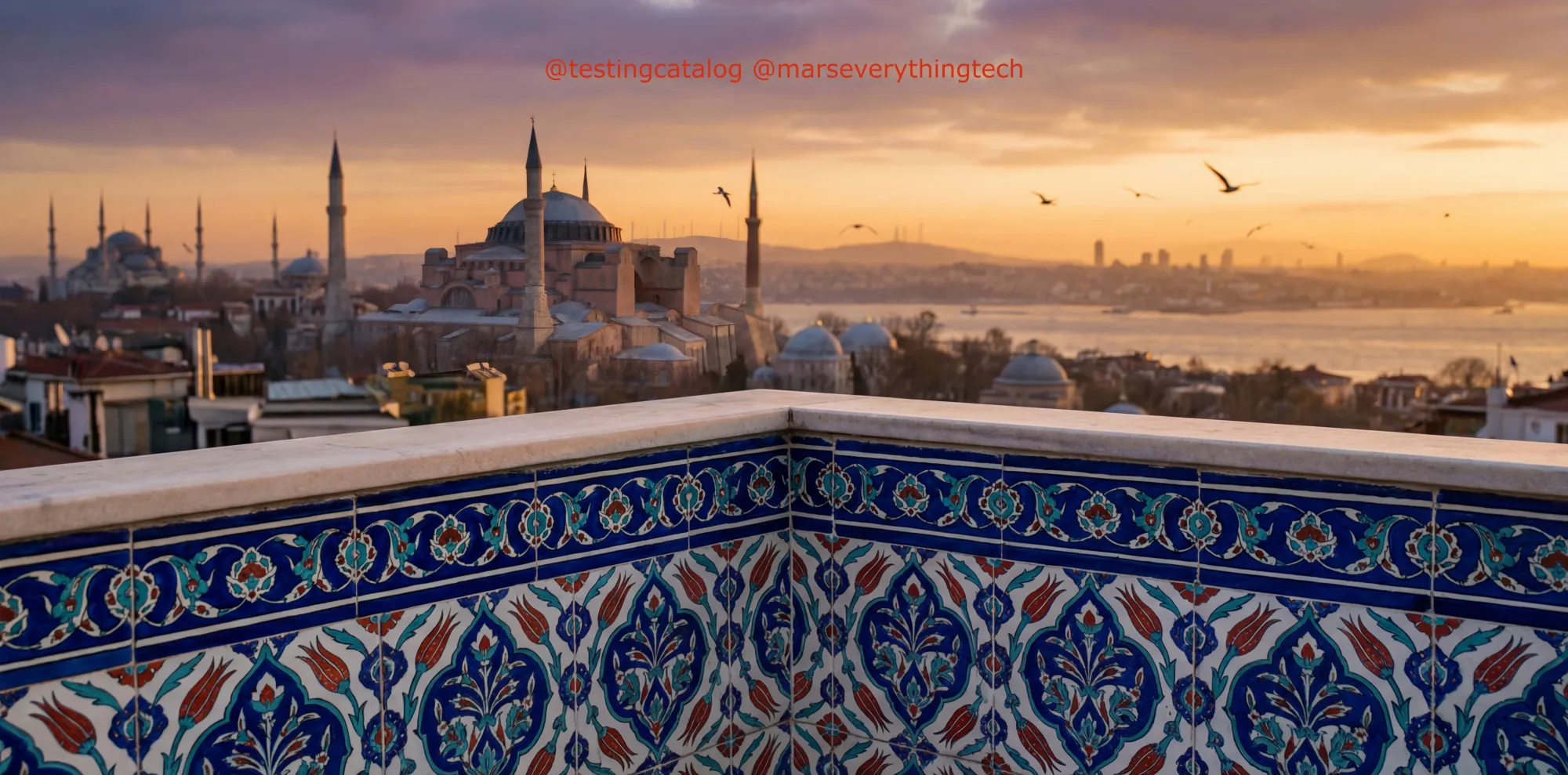 Prompt: A cinematic, wide-angle view of Istanbul during the golden hour. In the foreground, intricate Ottoman tile patterns on a balcony railing are in sharp focus. In the background, the Hagia Sophia and the Blue Mosque dominate the skyline across the Bosporus, silhouetted against a warm, hazy orange and purple sunset. Seagulls are flying in the distance. Photorealistic, 8k resolution. —ar 2:1