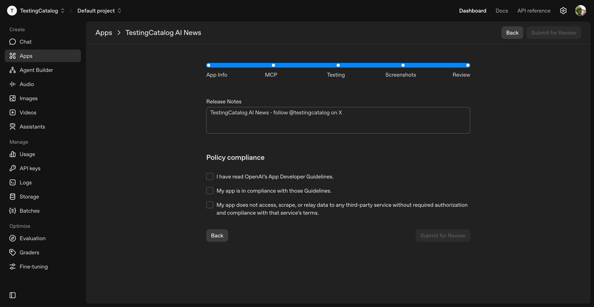 Early look at upcoming App submission flow for ChatGPT