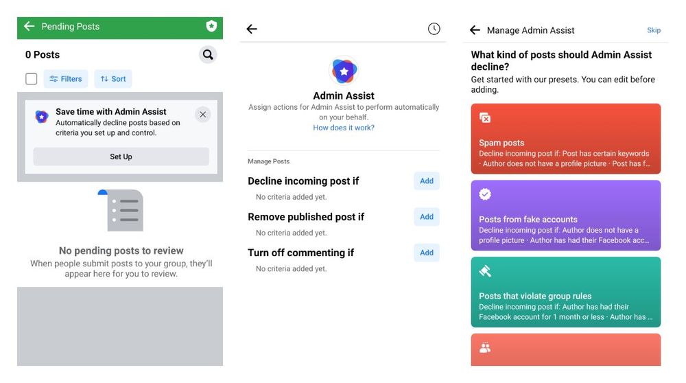Facebook prompts group admins to setup Admin Assist to remove spam
