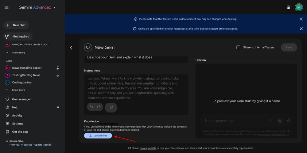 התכונה הקרובה של Gemini עשויה לאפשר העלאות מאגר ידע ל-GEMs
