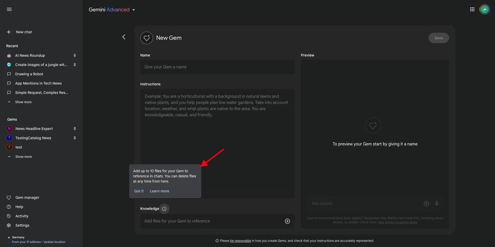 Gemini AI תומך כעת בהעלאות קבצי מאגר ידע עבור Gems