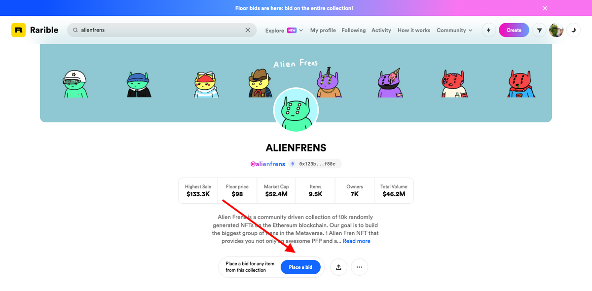 Rarible now allows bidding for a whole collection on the web
