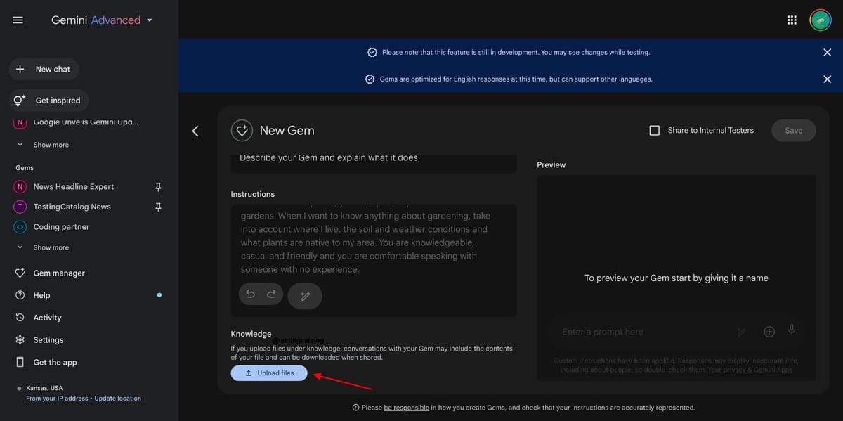 Gemini upcoming feature may allow file uploads to GEMs