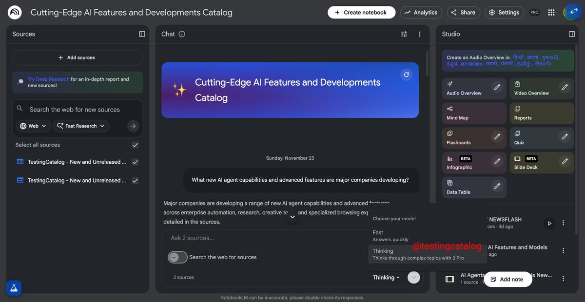 NotebookLM to get new model selector with Gemini 3 Pro