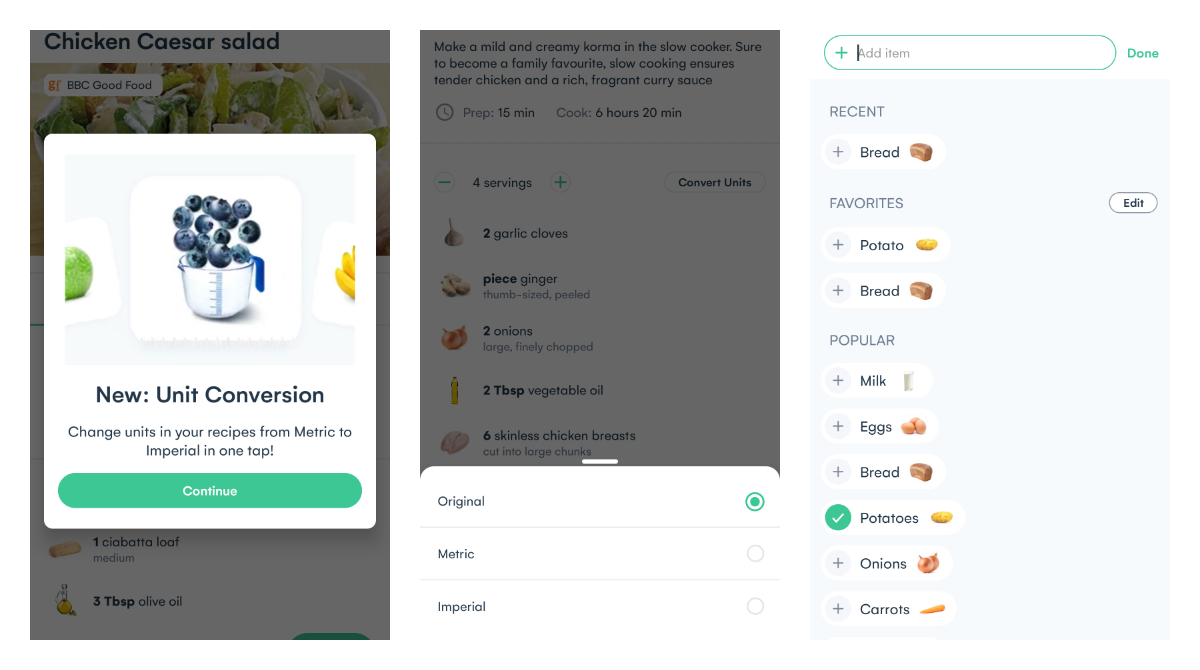 Whisk cooking recipes app got favorite ingredients and unit converting features