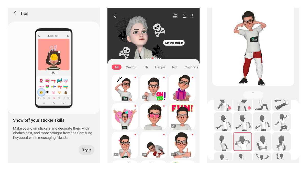 Samsung's AR emoji app promotes its templating feature that allows you to place your avatar into a sticker pack