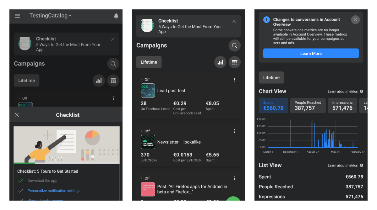 Facebook ads manager app for Android got a simple UI design along with an onboarding checklist