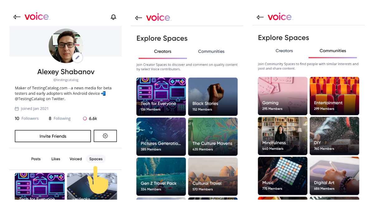 Voice app for Android got a minor redesign for its Communities section that is now called Spaces