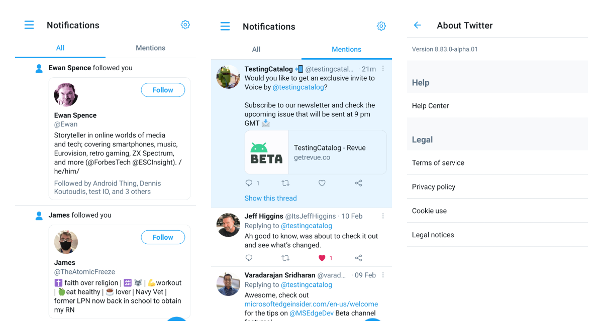 Twitter Alpha got its notifications page split into two sections with a bigger cards layout
