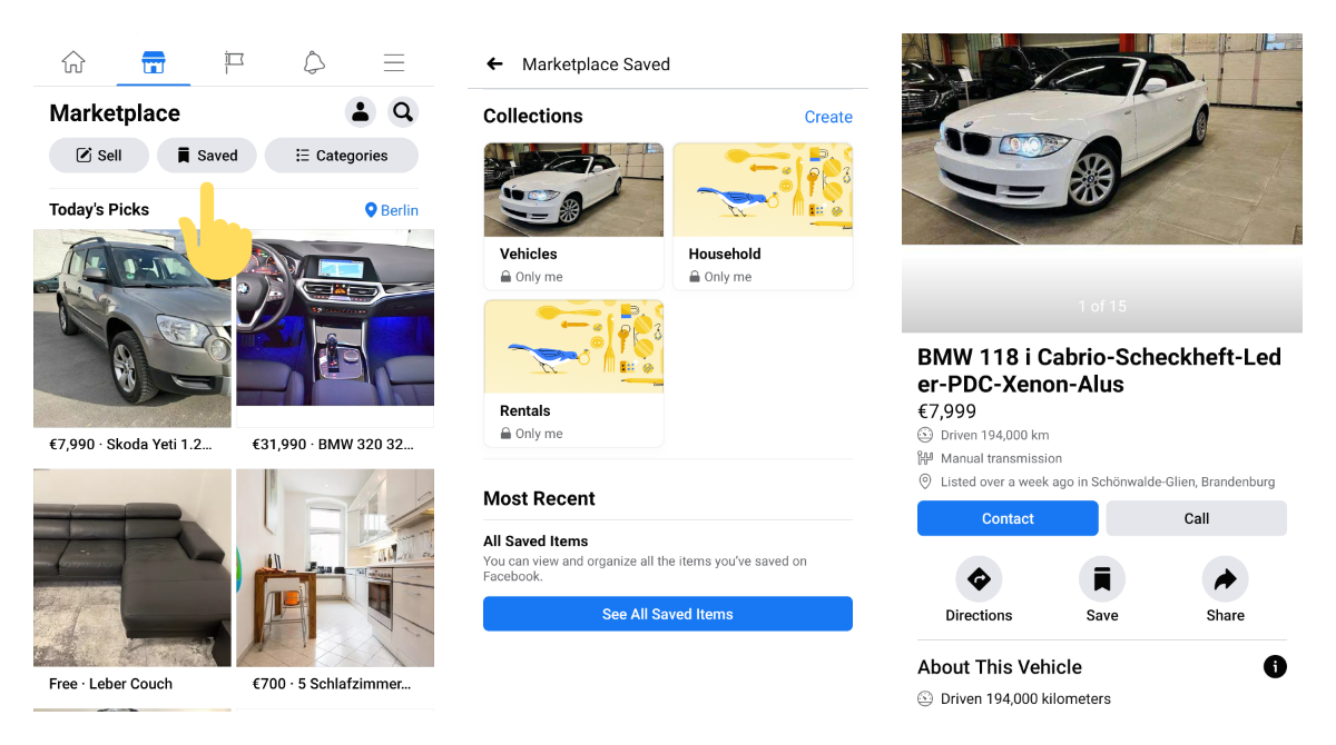 Facebook Marketplace shows Saved tab for your shopping collections on Android