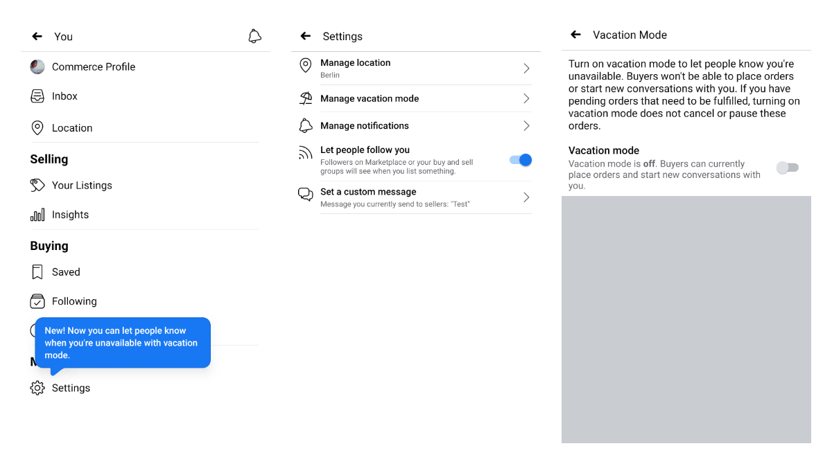How to set a vacation mode for Facebook Marketplace on Android: