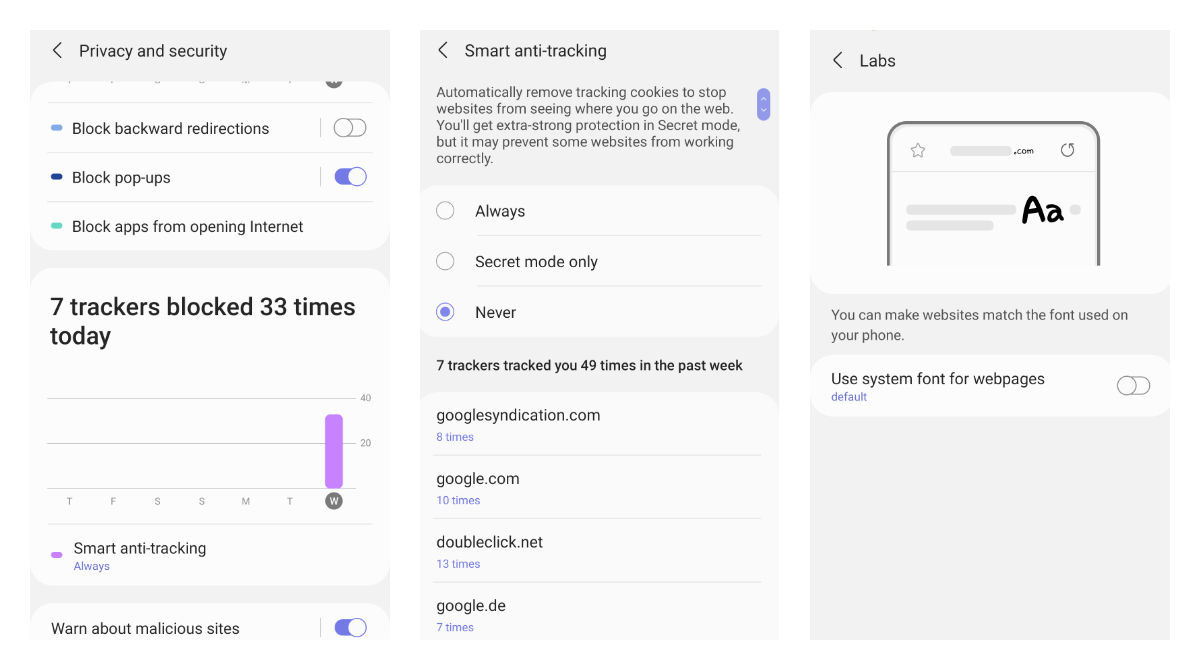 Samsung Internet browser got privacy stats page, system fonts support and more in the recent beta