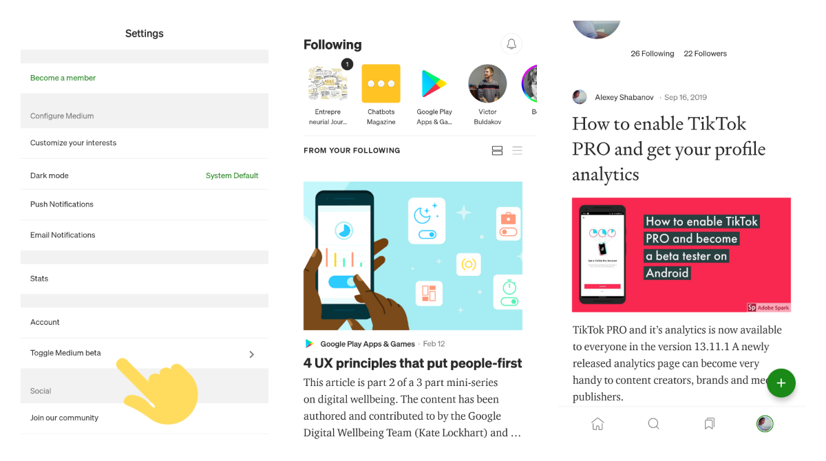 Medium is testing a lighter UI with stories swimlane on Android beta