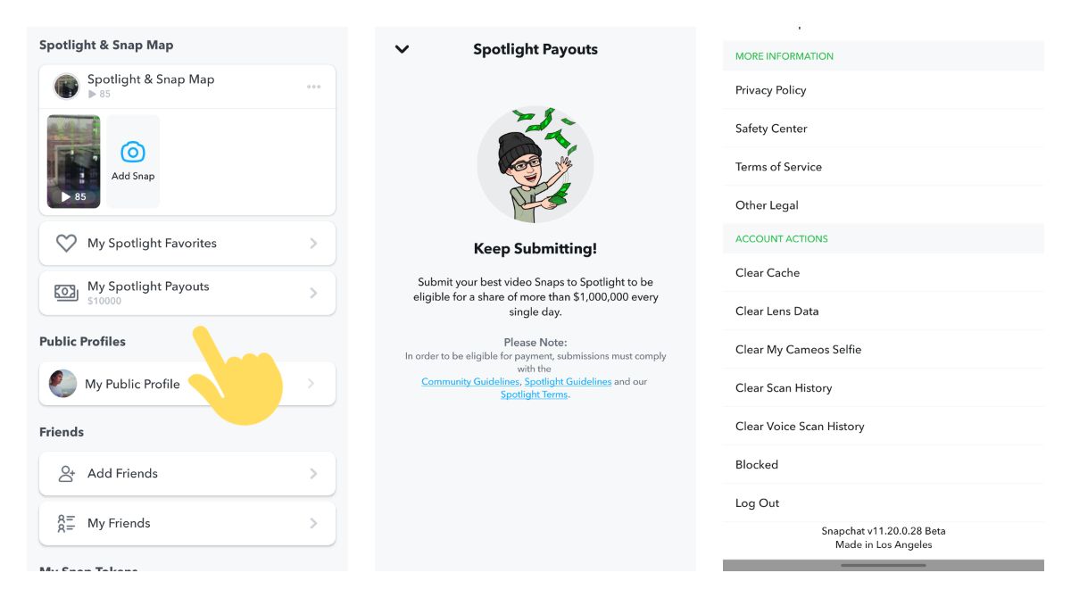 Snapchat promotes its Spotlight payouts on a user profile page