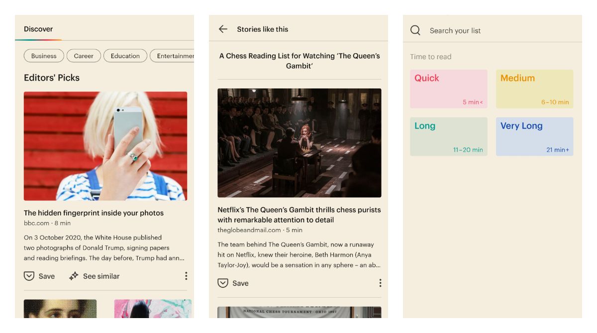 Pocket beta for Android adds new sections to discover feed along with "time to read" search filters