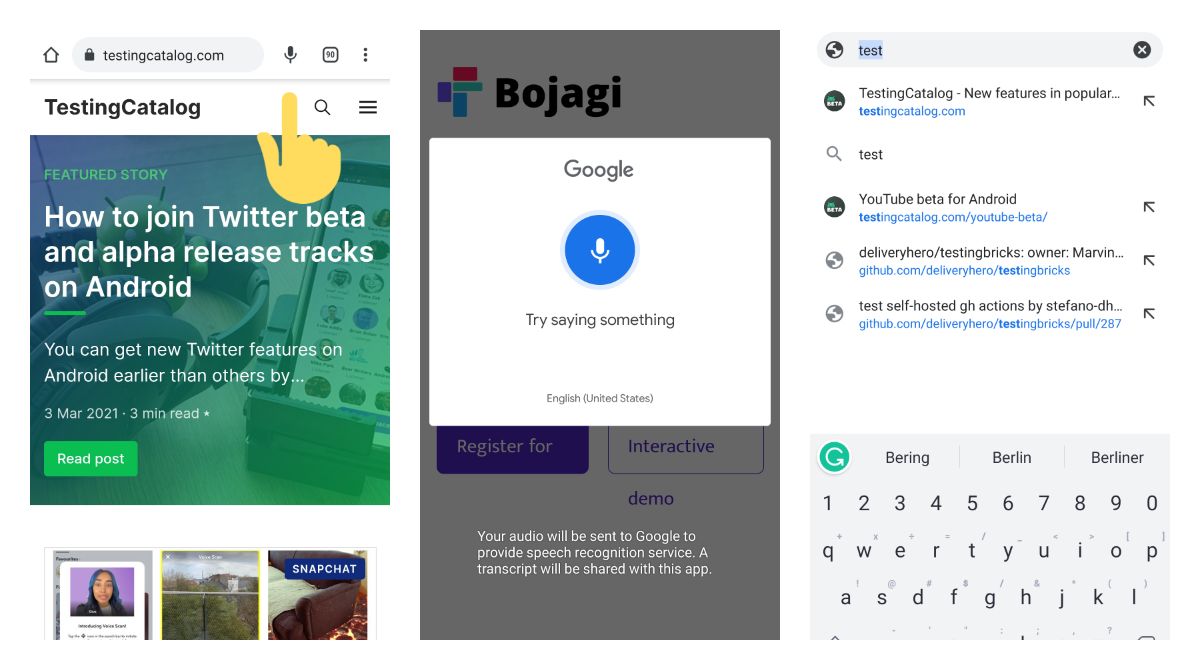 Chrome beta v91 is showing a voice search icon on its top search bar