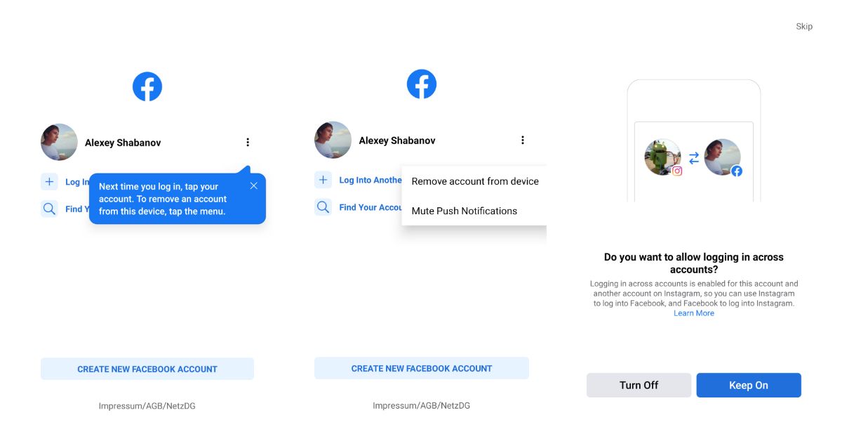 Facebook for Android updates its login screen to add cross-account logging support