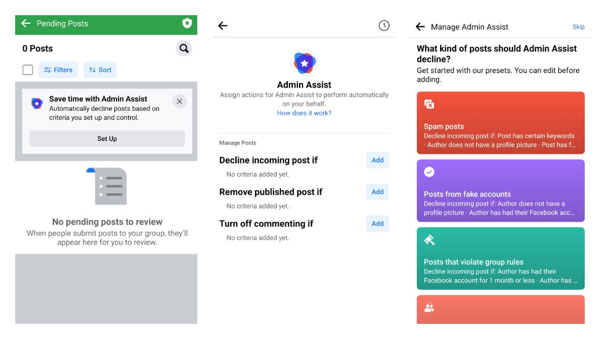 Facebook prompts group admins to setup Admin Assist to remove spam posts automatically