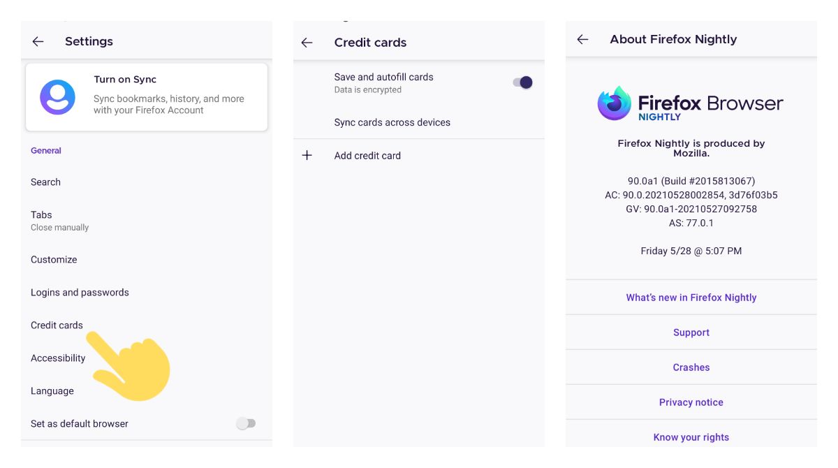 Firefox Nightly is getting a new Credit Cards section to configure and sync cards data across devices