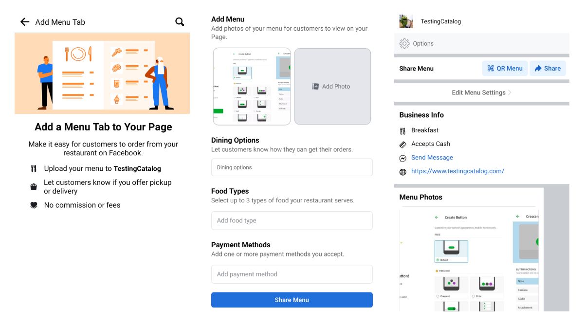 Facebook allows page admins to create a restaurant menu from the app and share printable QR code afterwards