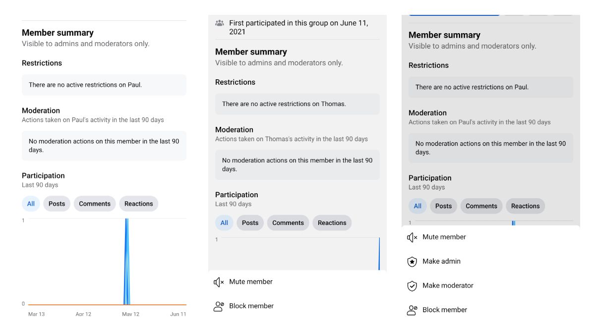Facebook shows detailed participation charts on group user profiles