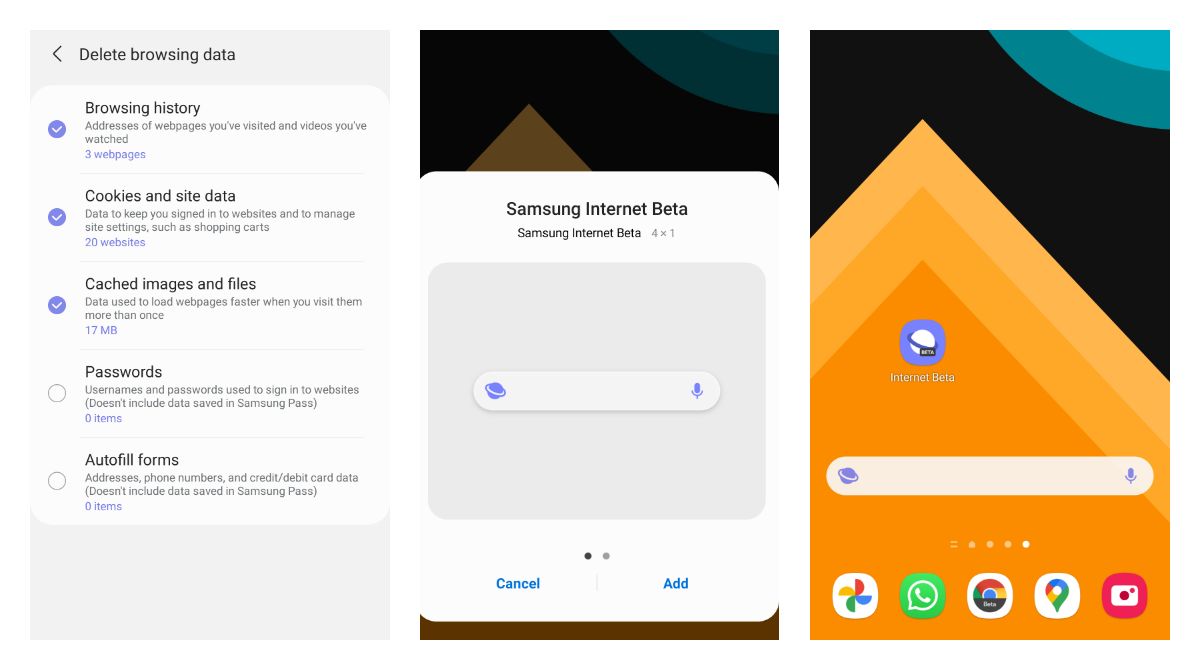 Search widget on Samsung Internet Beta 15