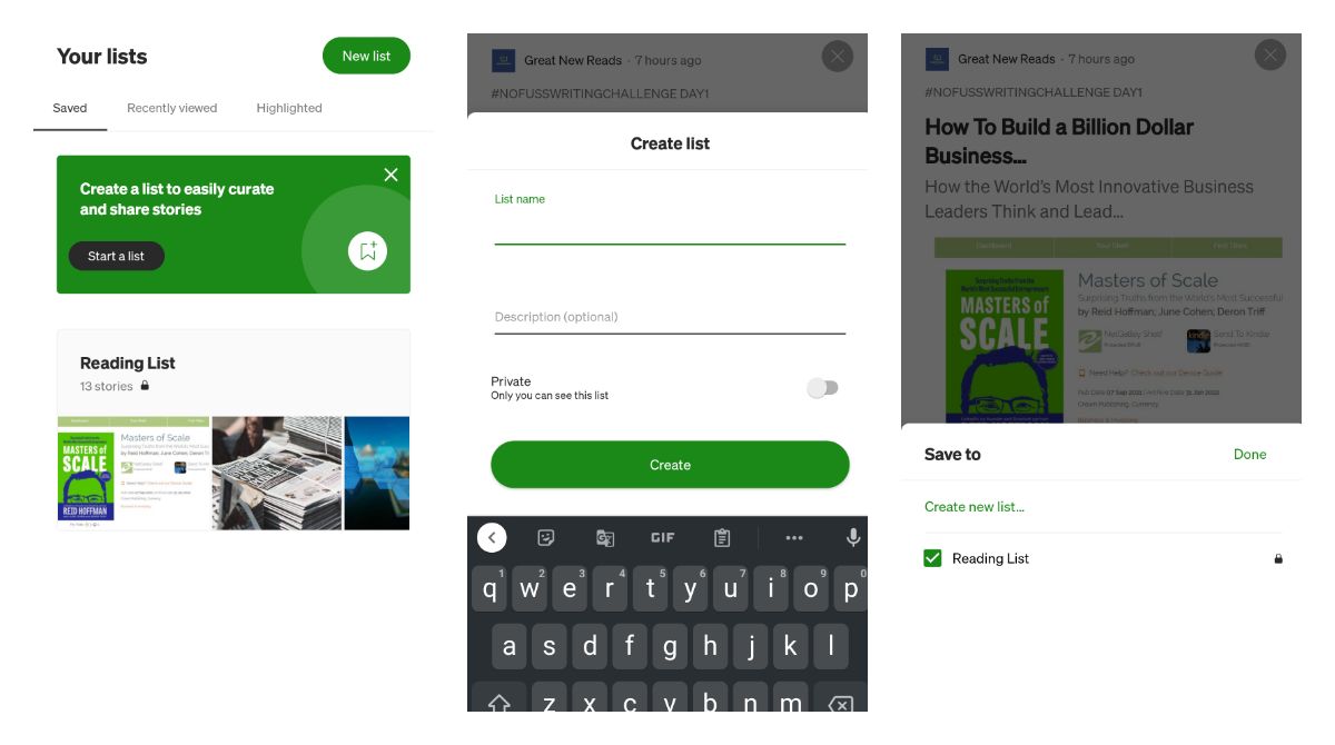 Medium for Android allows you to create and follow custom lists