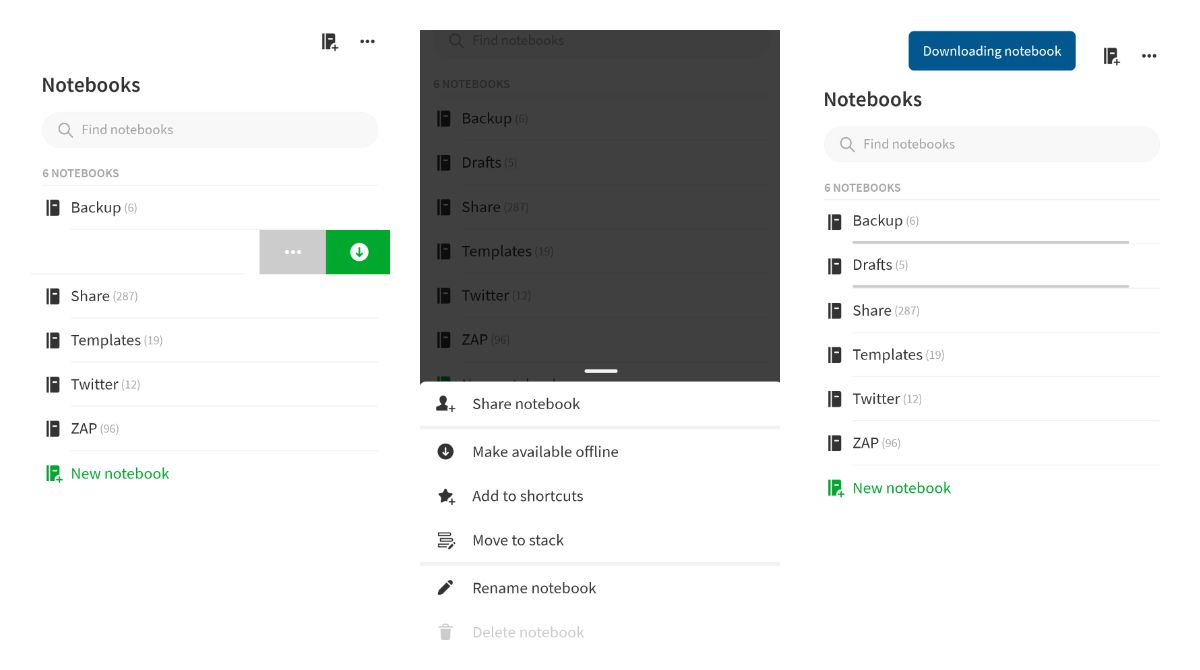 Evernote now allows downloading notebooks via a swipe right menu