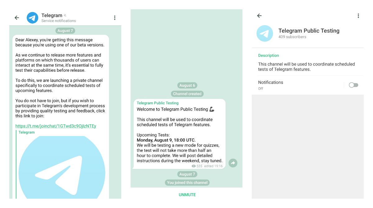 Telegram is sending invites to beta testers to join a new channel with public testing announcements