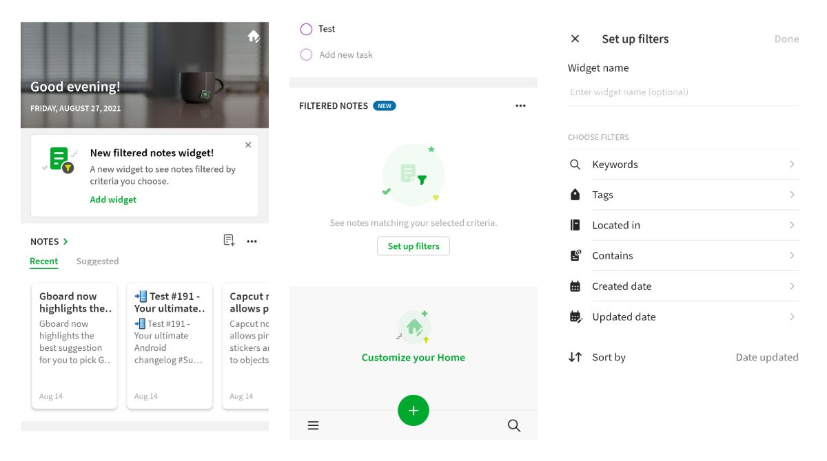 Evernote now allows you to add a filtered notes widget to the in-app home screen