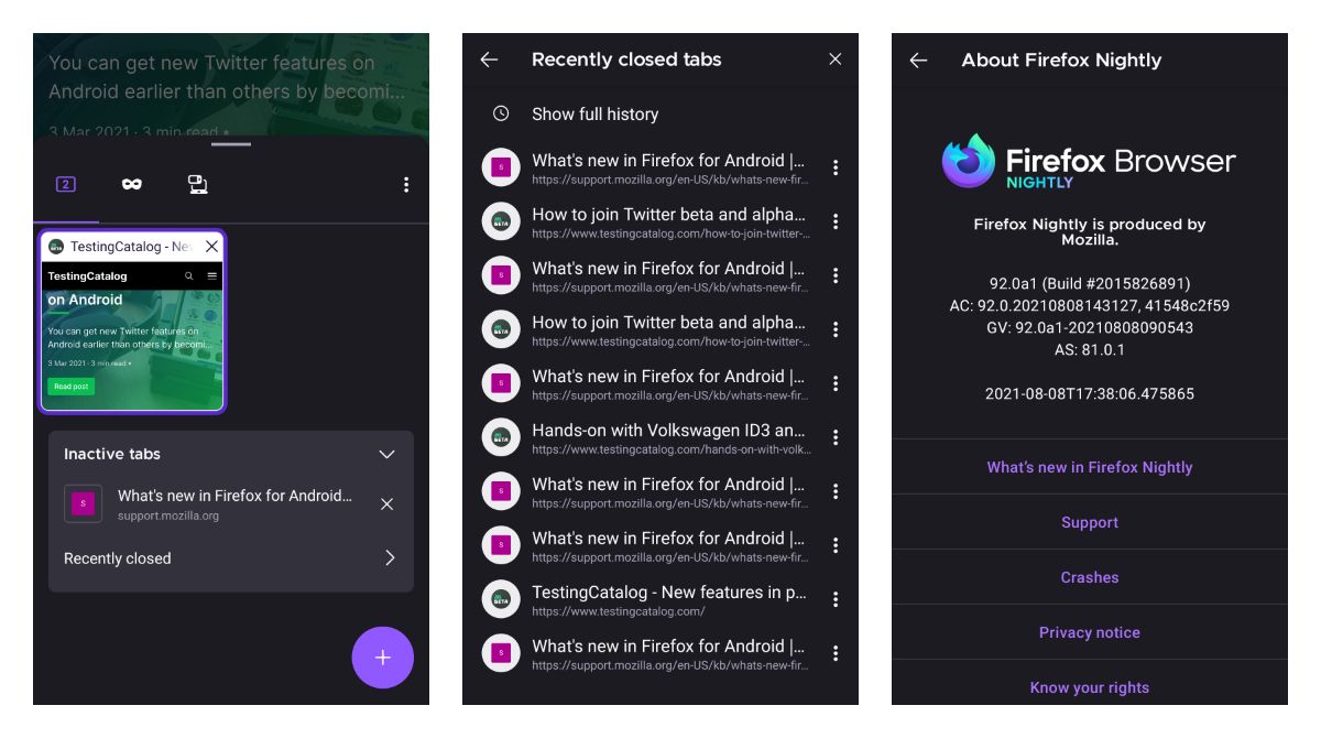 Firefox Nightly is testing a split into Active, Inactive and Recently closed sections on a new tab page