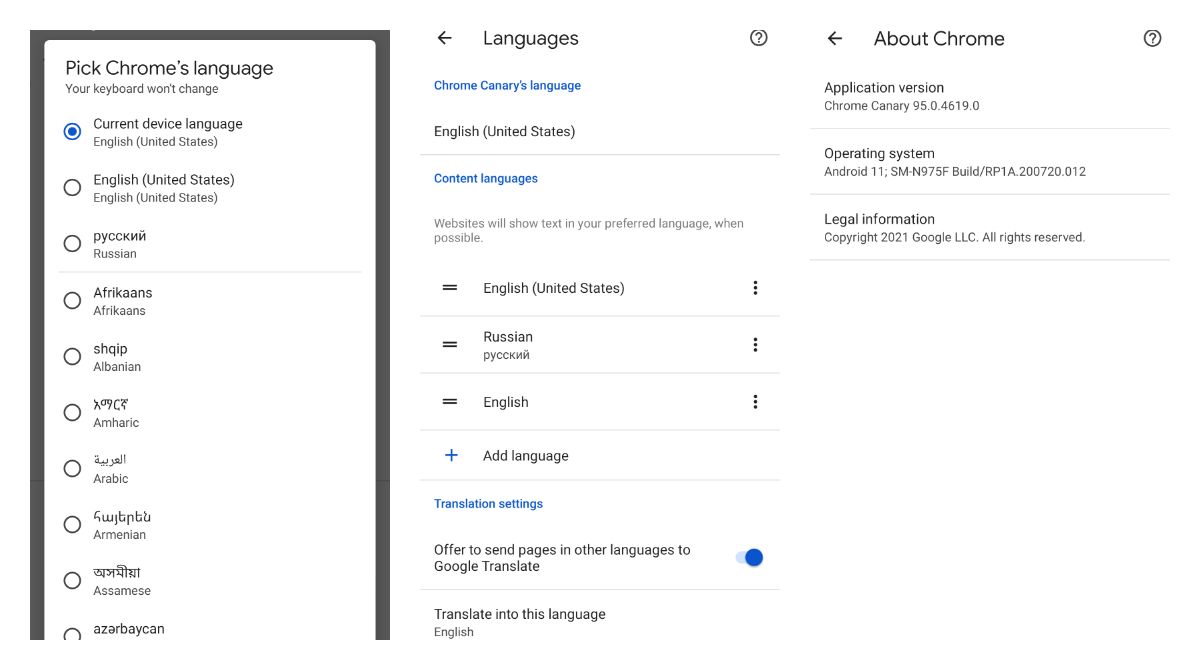 Chrome Canary is testing a separate Chrome's language selector that is different from the device language