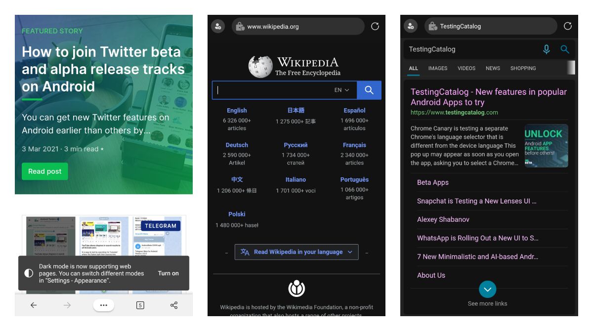 Microsoft Edge is testing dark mode support for web pages on Android