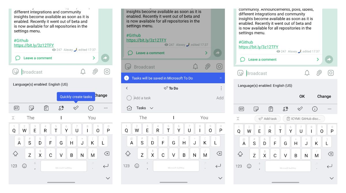 SwiftKey beta makes it possible to add Tasks to Microsoft To-Do from the top bar