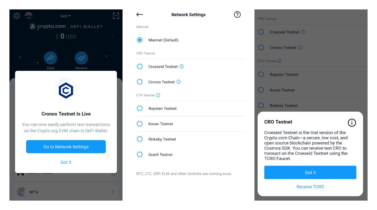 Crypto.com DEFI Wallet now can connect to Cronos Testnet