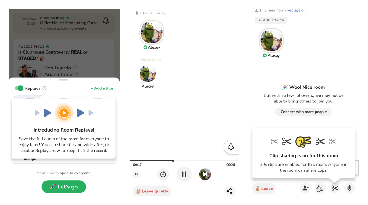 Clubhouse added replays and clip sharing shortcut on Android