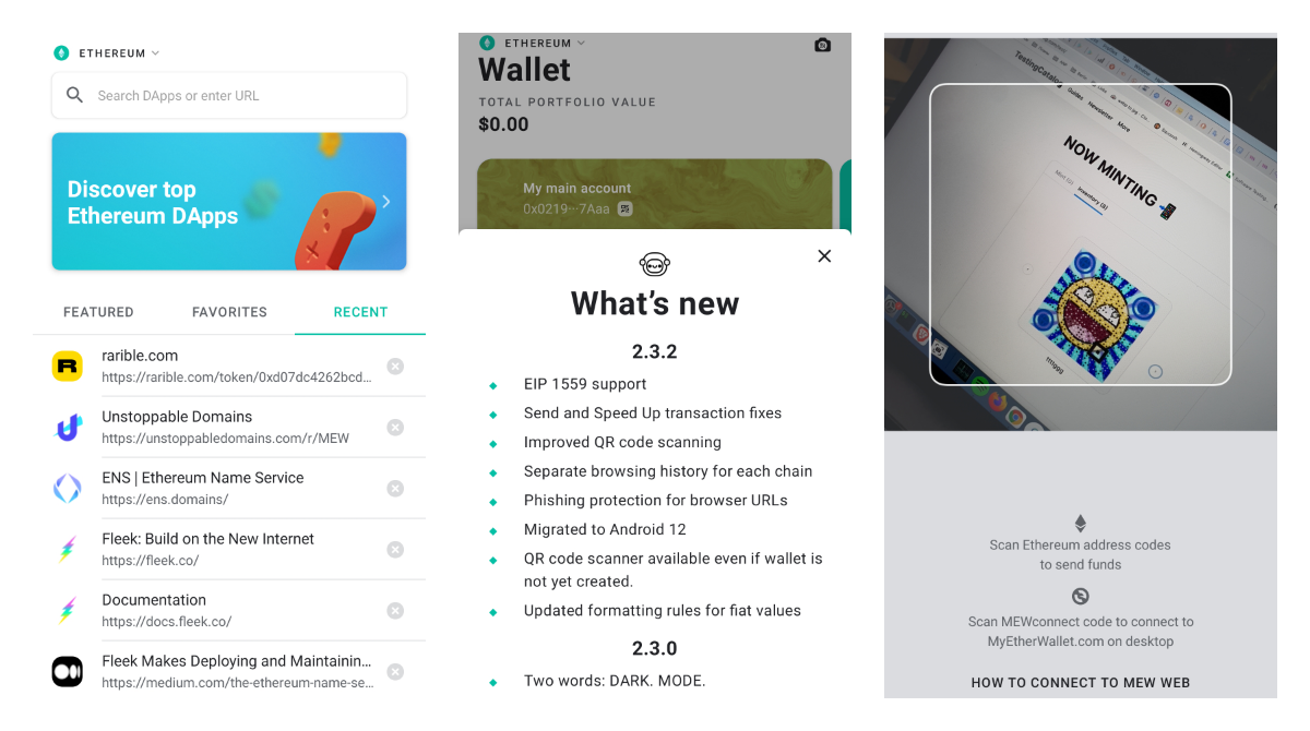 MEW Wallet got a separate browser history per blockchain, improved QR scanner and more