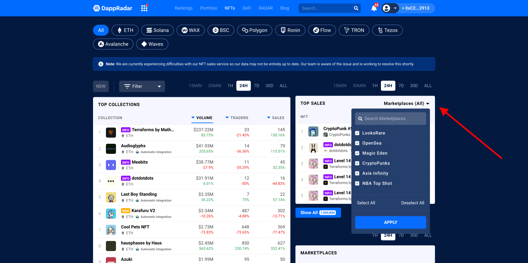 DappRadar now allows filtering top NFT sales across certain marketplaces
