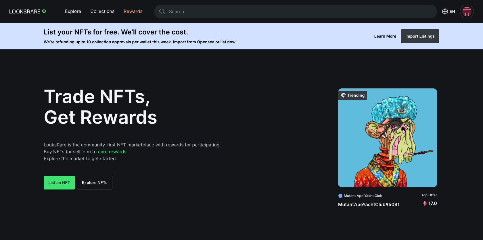 LooksRare offers free listing for OpenSea collections and shows your ENS name on activity tabs