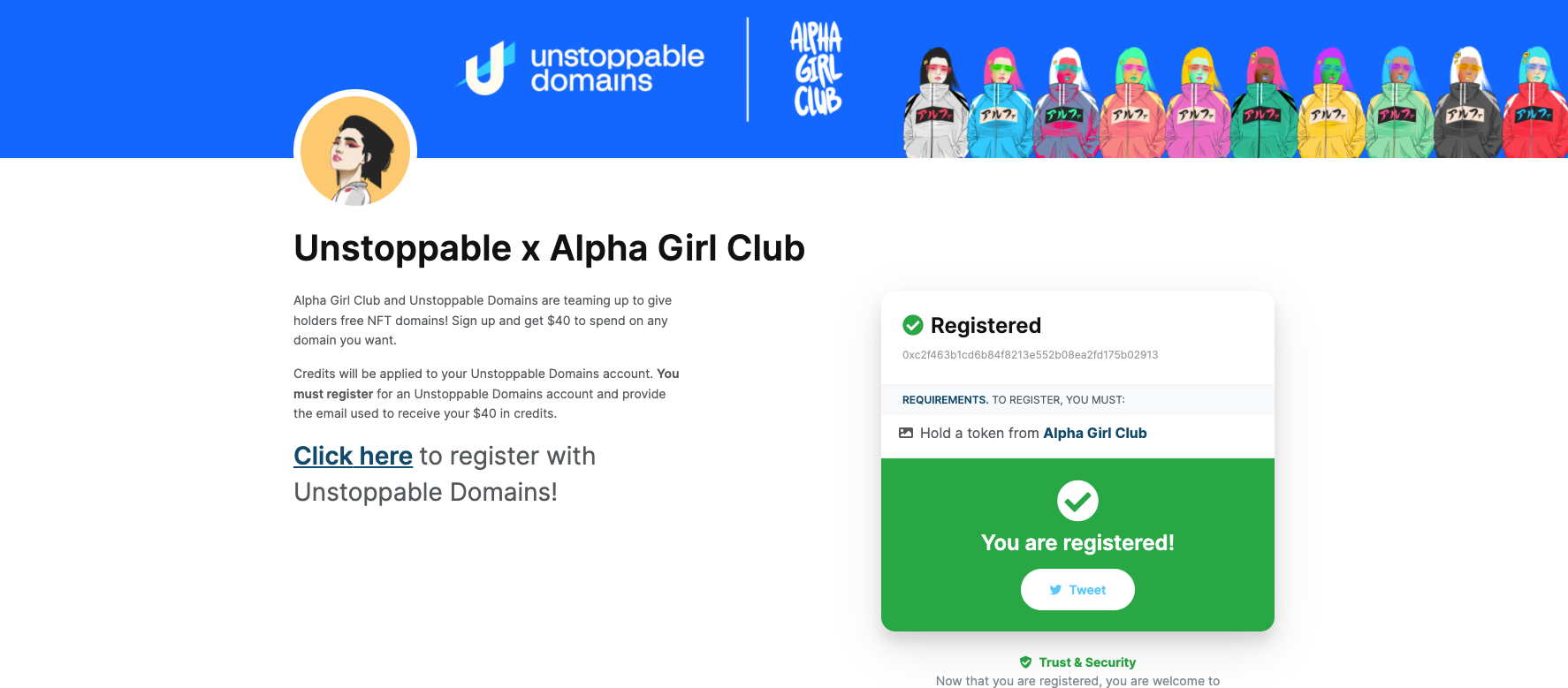 AlphaGirlClub partners with Unstoppable domains to offer free domains to holders