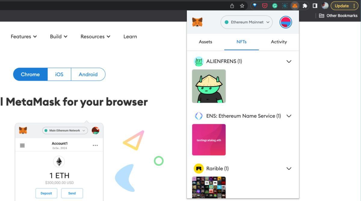 Metamask extension now supports NFTs on version v10.28