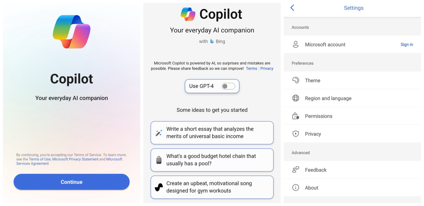 Copilot app for Android UI