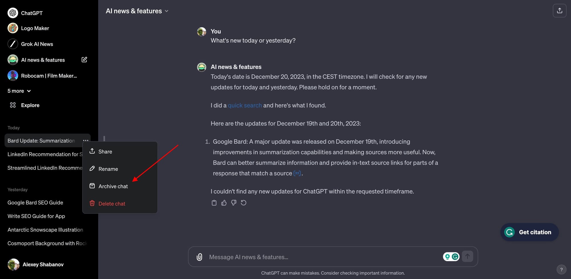 ChatGPT now lets you archive historical chats from the sidebar