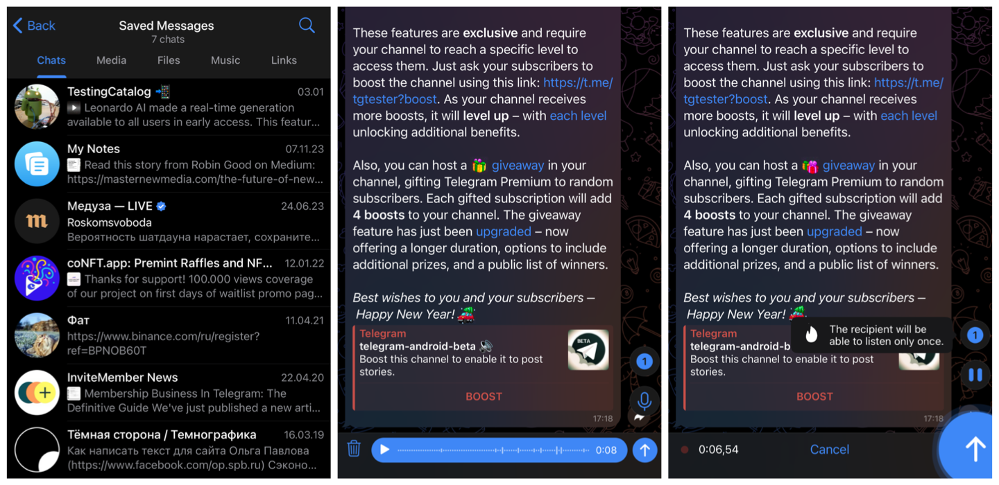 Telegram ships one-time viewable media and saved messages chats tab